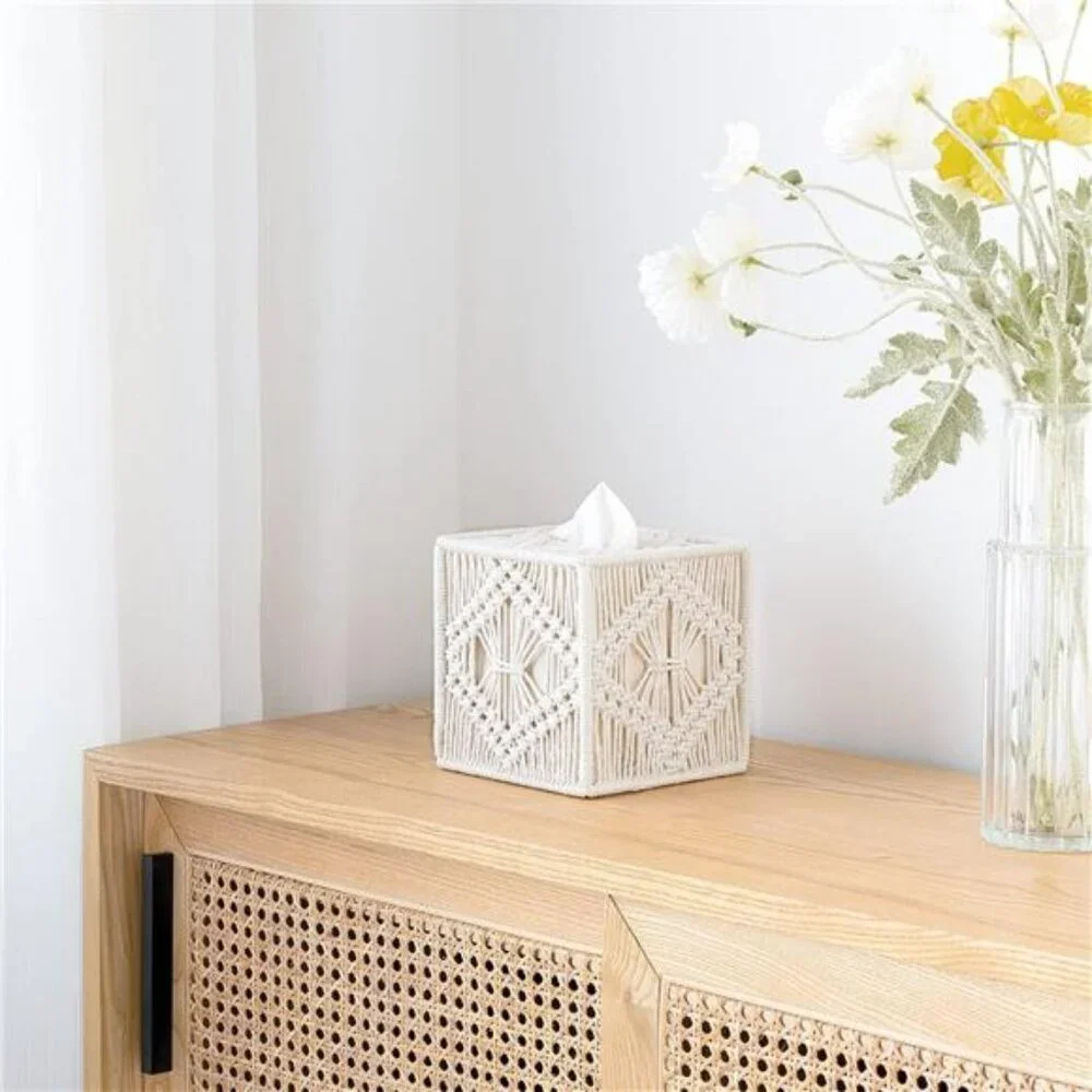 Macrame tissue box cover square woven boho tissue holder bathroom bedroom decor